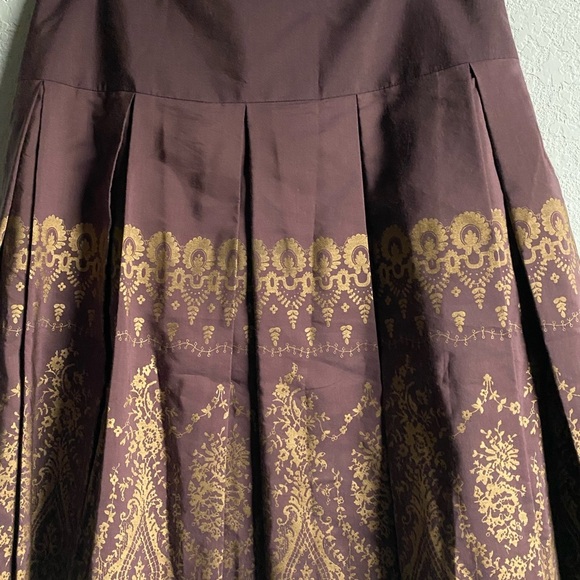 Anthropologie Odille Silk Blend Drop Waist Lace Trim Brown Gold Mod Midi Skirt 2 - Picture 9 of 13